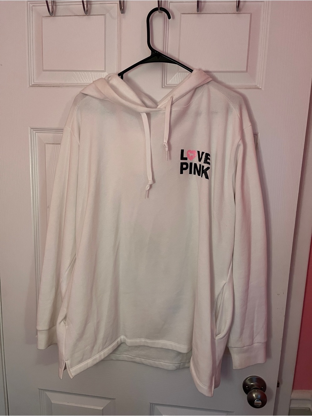 PINK Victoria's Secret White Hooded Pullover "LOVE PINK" Women’s size Large